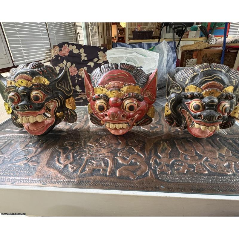 Set 3 VINTAGE Barong maske sa Balija – Ručni rad (starost 30+ godina)